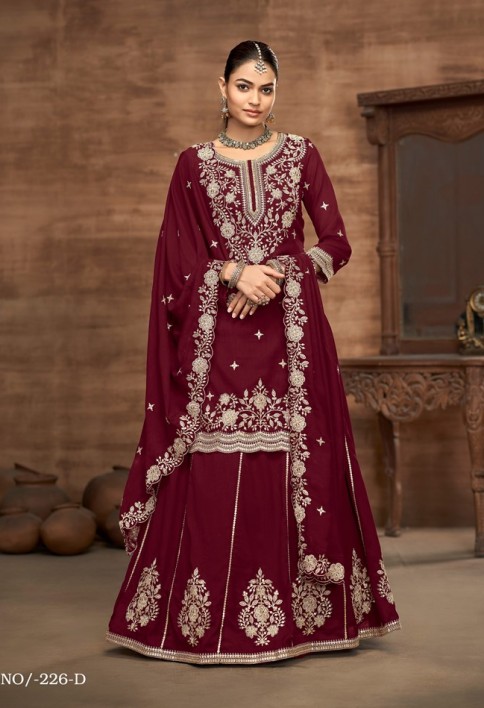 Maroon Embroidered Traditional Sharara Style Suit.